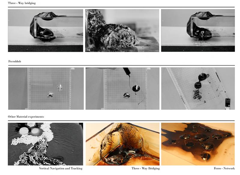 Material research with magnets and ferrofluid with glue where one material acts as the carrier of another material. 